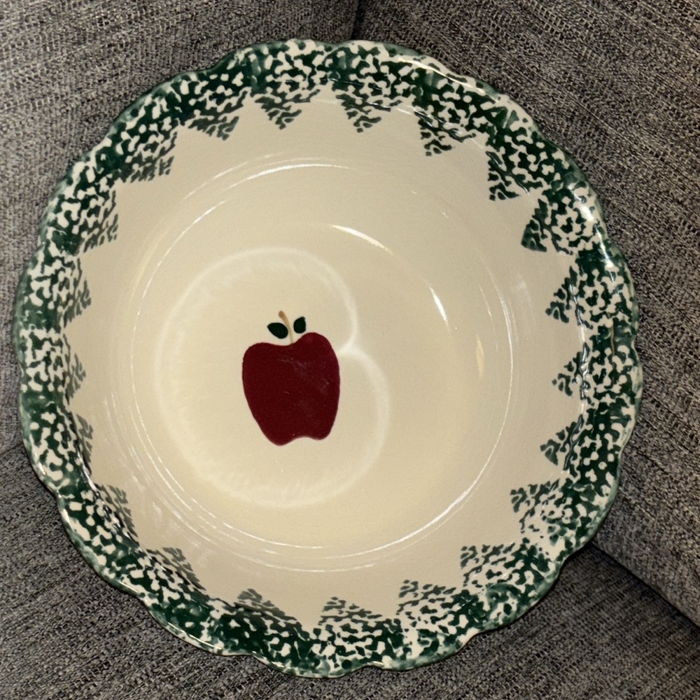 Folk Craft Stoneware Apple Serving Bowl Green Spongeware Vintage - Picture 3 of 4
